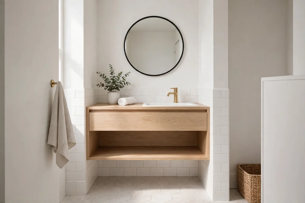 Small bathroom with a wall hung floating vanity and open floor space below it.