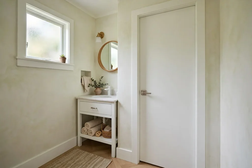 Small bathroom with a flush white pocket door closed matching white trim and pale walls