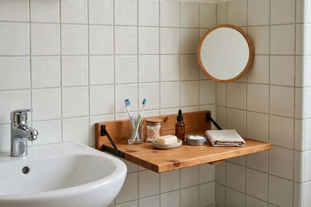 Small bathroom wall with a fold down wooden shelf lowered beside the sink.