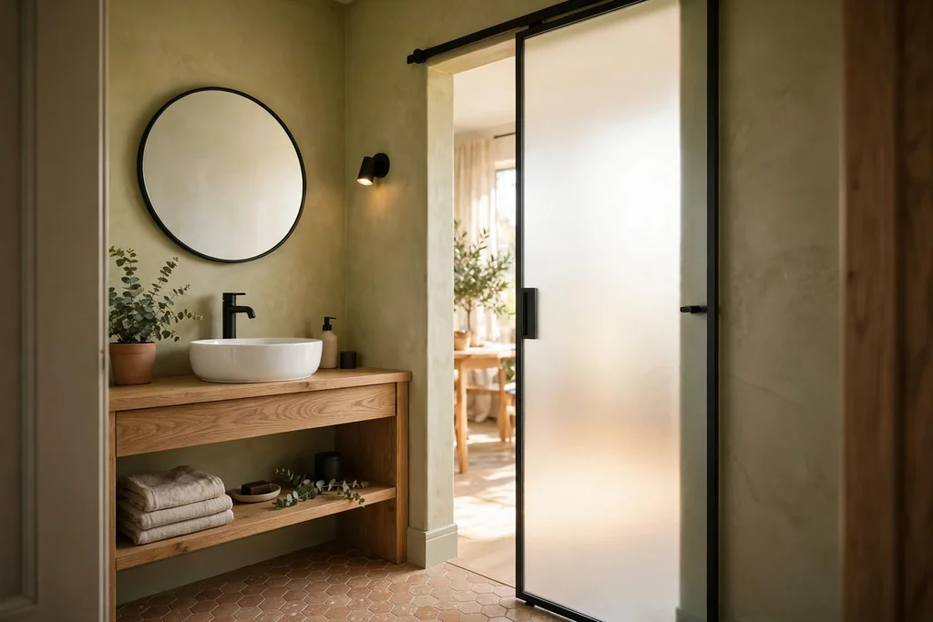 Small bathroom with a frosted glass pocket door glowing with borrowed daylight from the next room