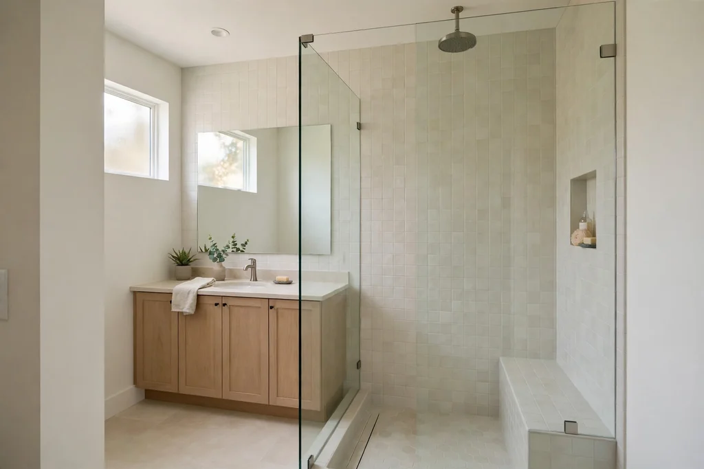 Small bathroom with a frameless clear glass shower panel and walk in shower.
