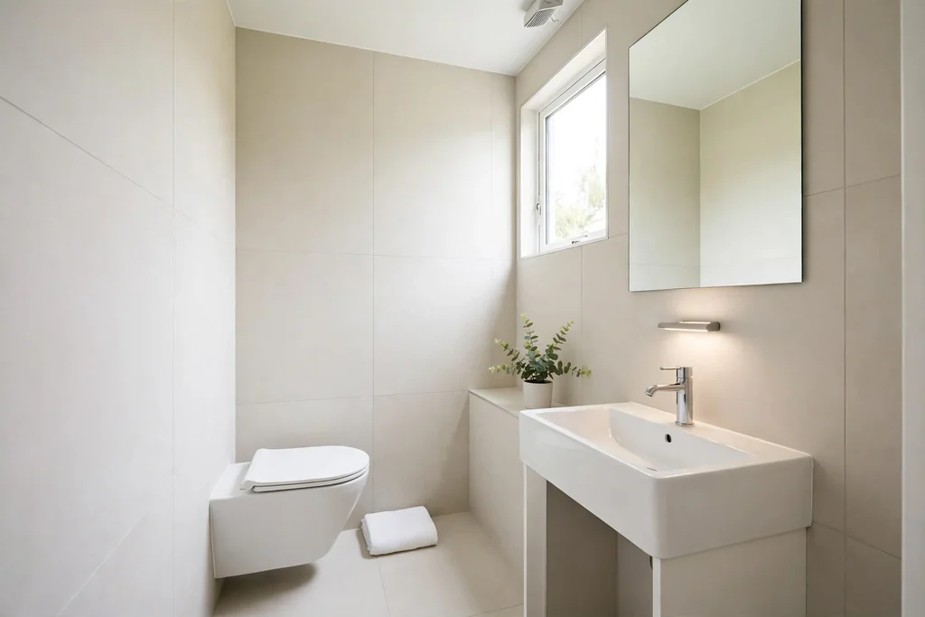Small bathroom with large format pale tiles running from floor up the walls.