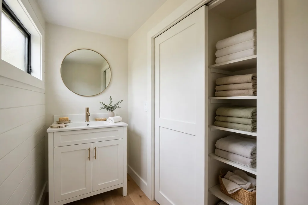 Small bathroom with a matching white pocket door hiding a linen closet with folded towels on shelves