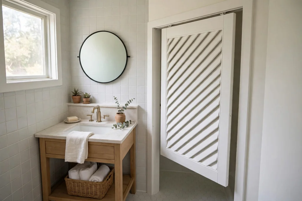 Small bathroom with a white louvered pocket door with angled slats pale tile and soft daylight