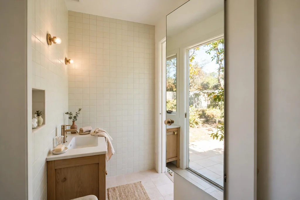 Small bathroom with a full length mirror panel on a pocket door reflecting daylight and pale tile