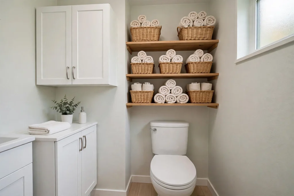 Small bathroom with a cabinet and open shelves above the toilet holding towels.