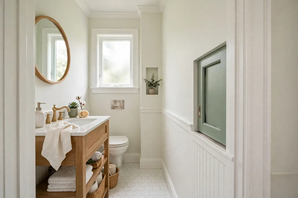 Small bathroom with a sage green painted pocket door white trim and pale walls