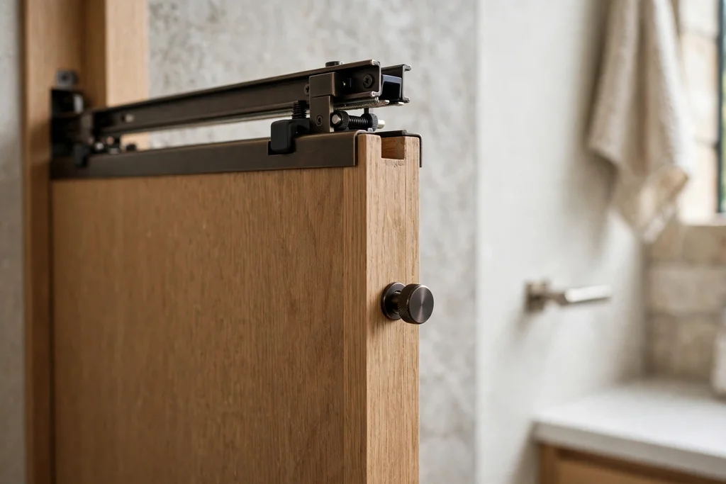 Close view of a pocket door edge with soft close track hardware and a round pull