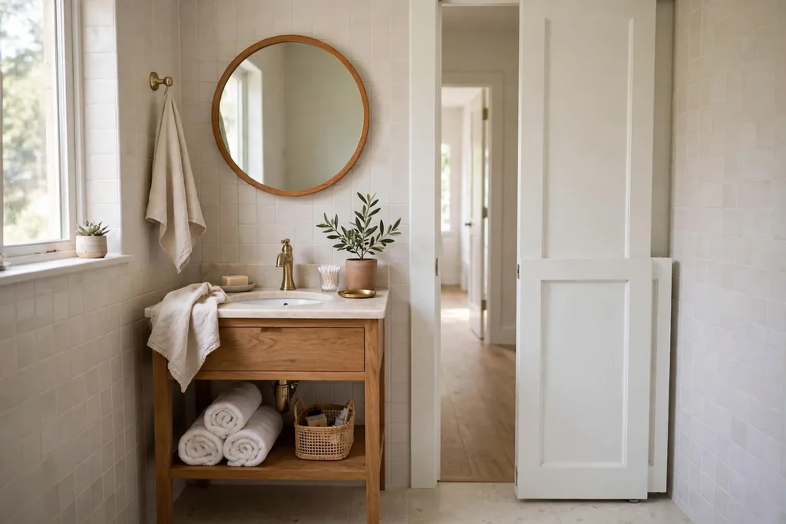 Wide small bathroom with a white pocket door slid partly open pale tile a vanity and warm wood accents in soft daylight