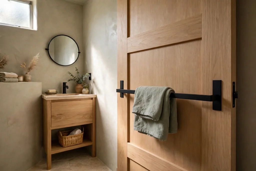 Small bathroom pocket door with a towel rail holding a folded hand towel on its room side