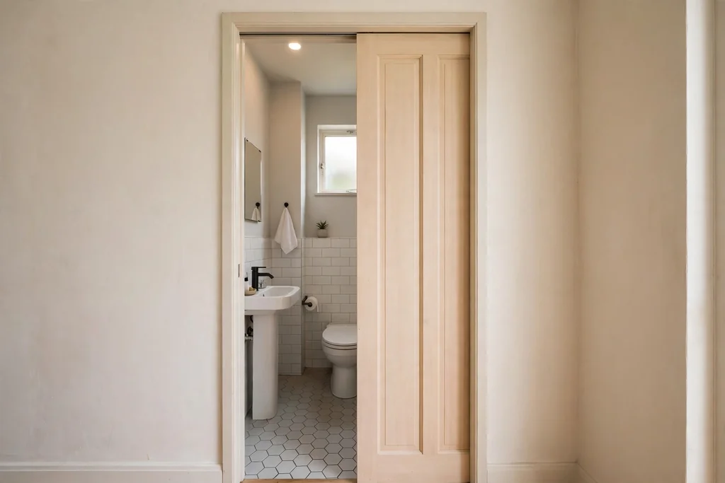 Small bathroom doorway with a sliding pocket door partly open into the wall.
