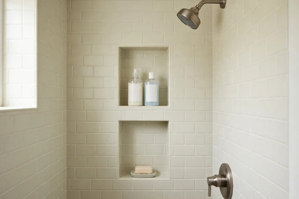 Small bathroom shower wall with recessed tiled niches holding shampoo bottles.