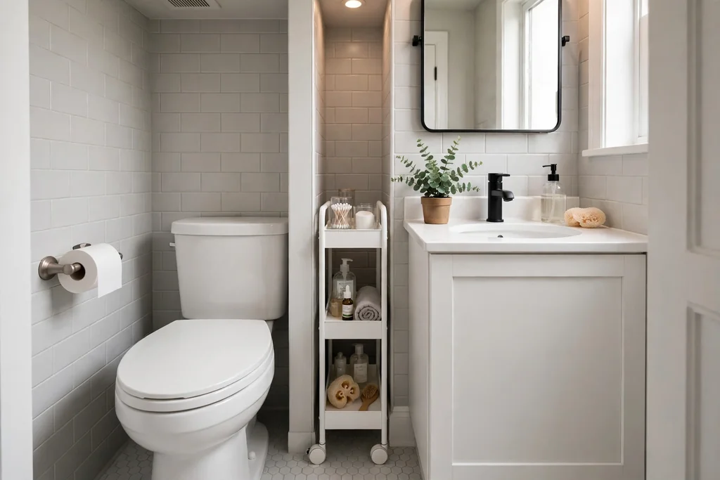 Small bathroom with a slim rolling cart in the gap between toilet and vanity.