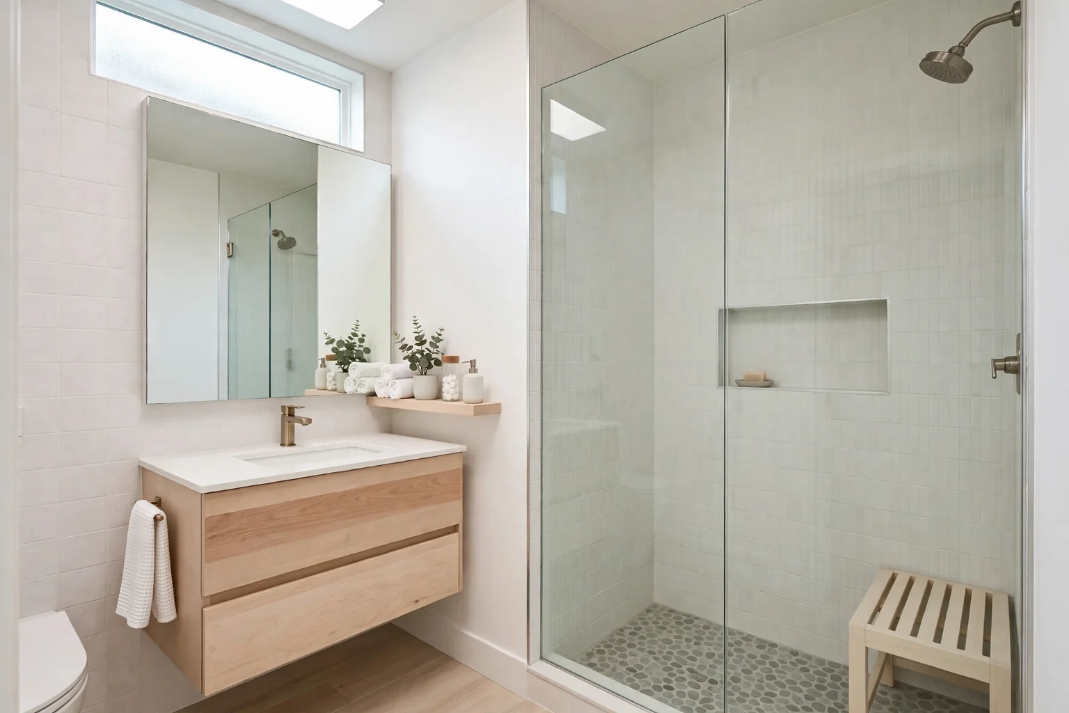 Bright small bathroom with a floating vanity, large mirror, and glass shower.