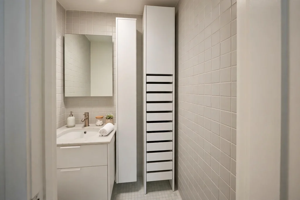 Small bathroom with a tall narrow white tower cabinet beside the vanity.
