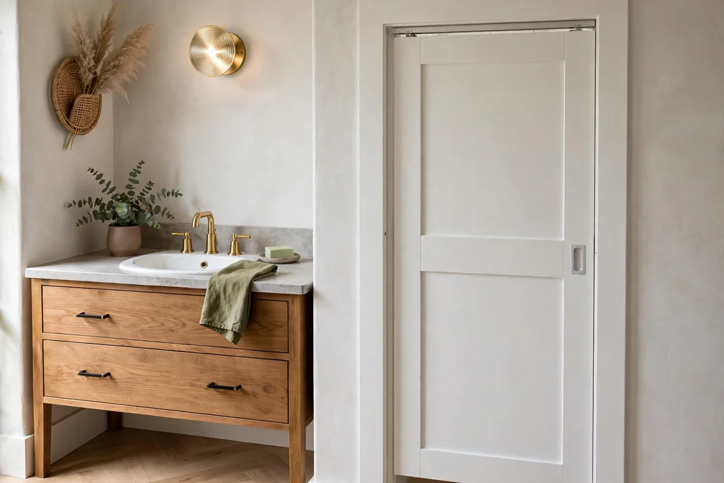 Bathroom toilet nook closed off by a white pocket door beside a sink vanity