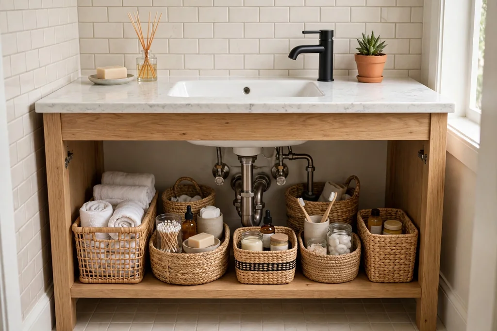 Small bathroom vanity with open under sink storage bins holding toiletries.