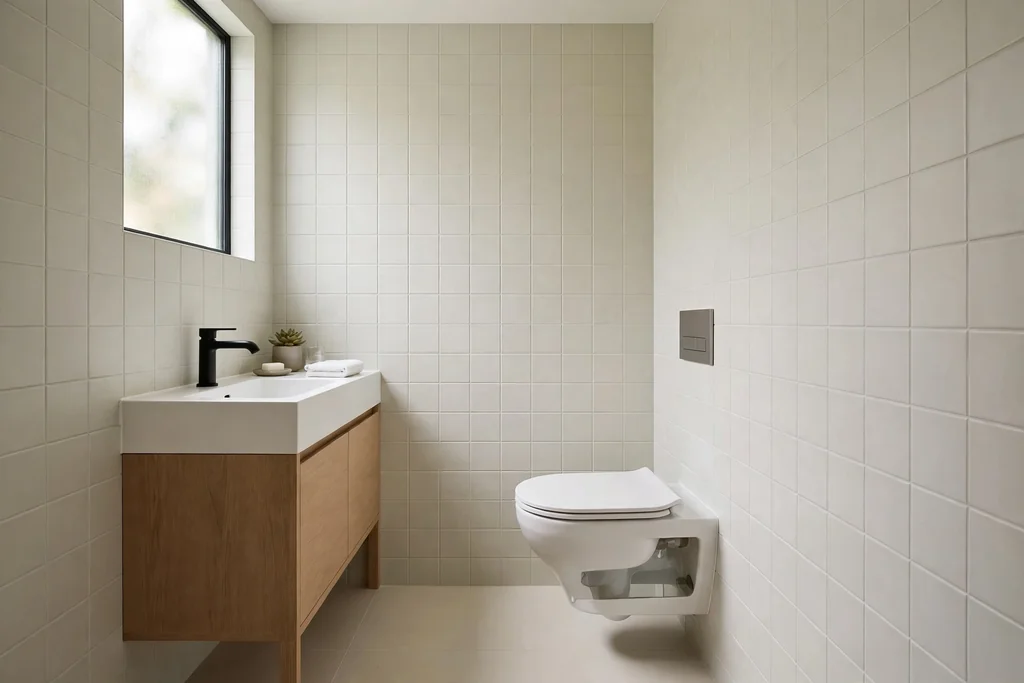 Small modern bathroom with a wall hung toilet and concealed tank.