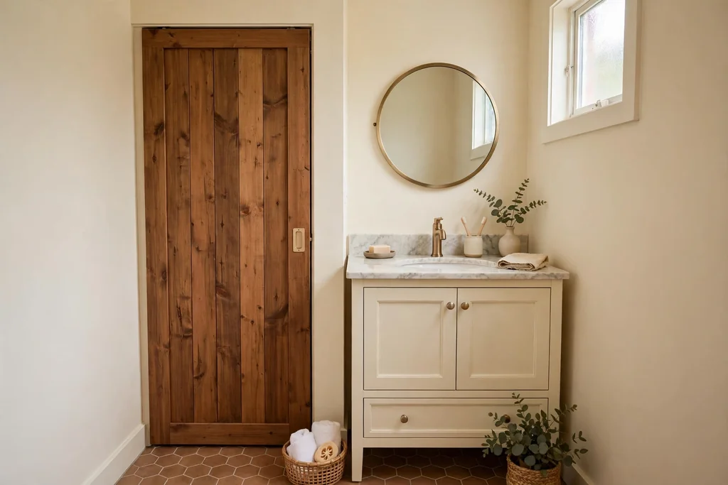 Small bathroom with a warm wood plank pocket door beside a vanity with cream walls