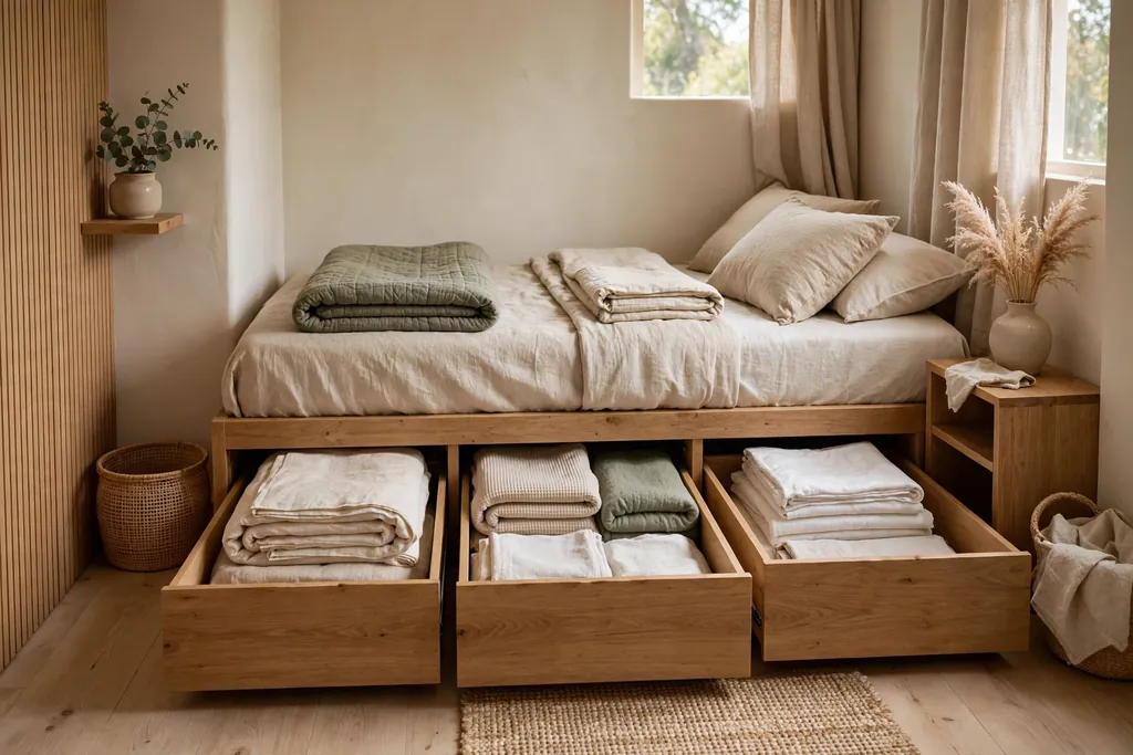 Small bedroom with a storage bed with open deep drawers holding folded bedding.