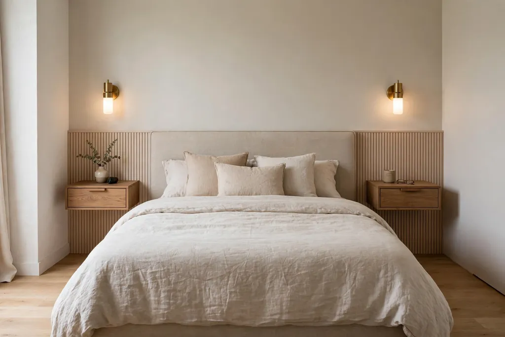 Small bedroom bed wall with floating nightstands and wall lights, clear floor below.