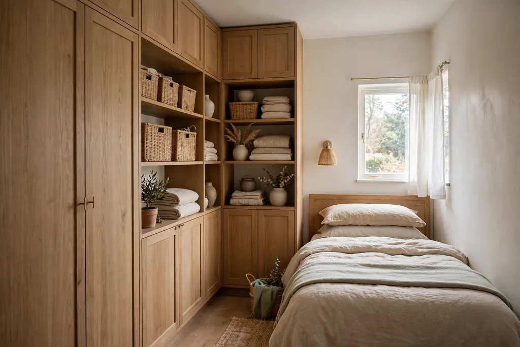 Small bedroom with tall storage running to the ceiling beside a neatly made bed.