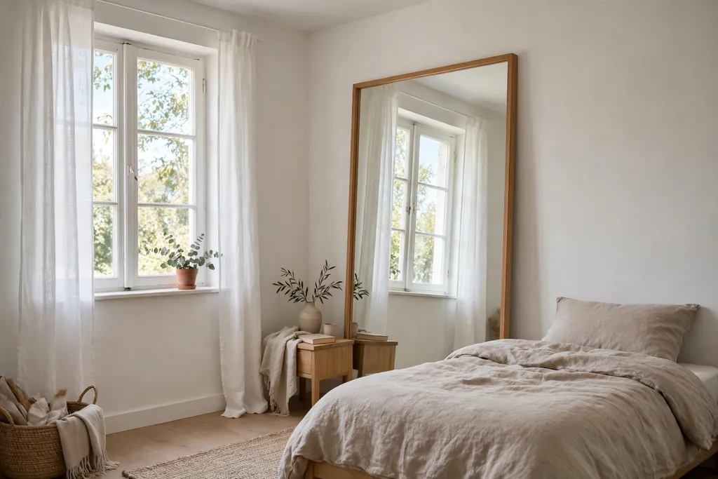 Small bedroom with light walls and one large mirror opposite the window reflecting daylight.