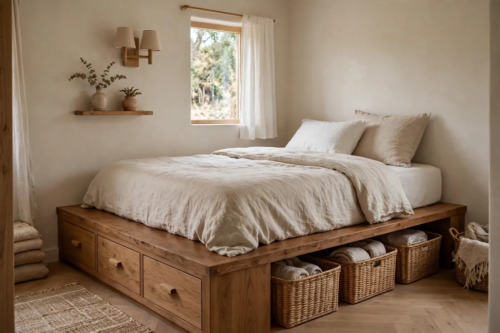 Small bedroom with a raised platform bed with drawers and baskets below the mattress.