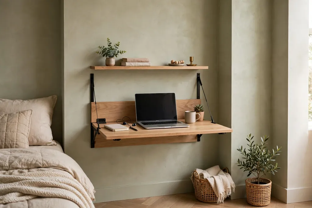 Small bedroom corner with a fold-down wall desk open with a laptop and a small shelf above.