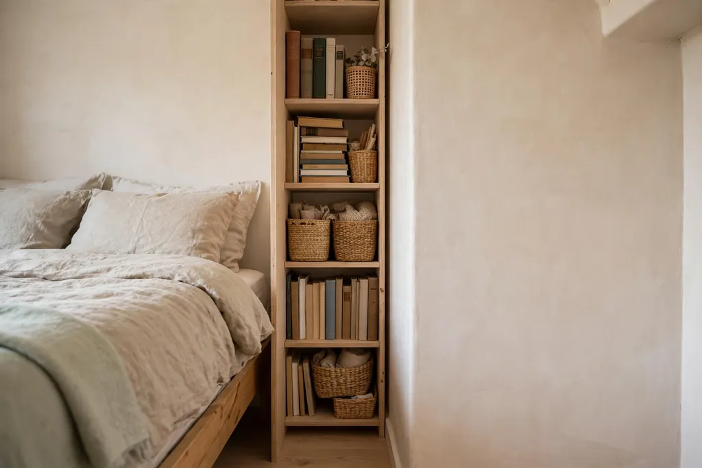 Narrow gap between a bed and a wall filled with a slim shelf unit holding books and baskets.