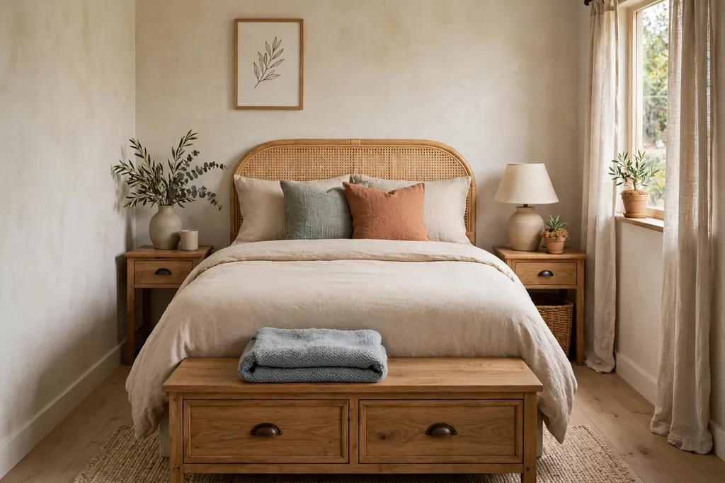 Small bedroom with a storage bench at the foot of the bed with a folded throw on top.