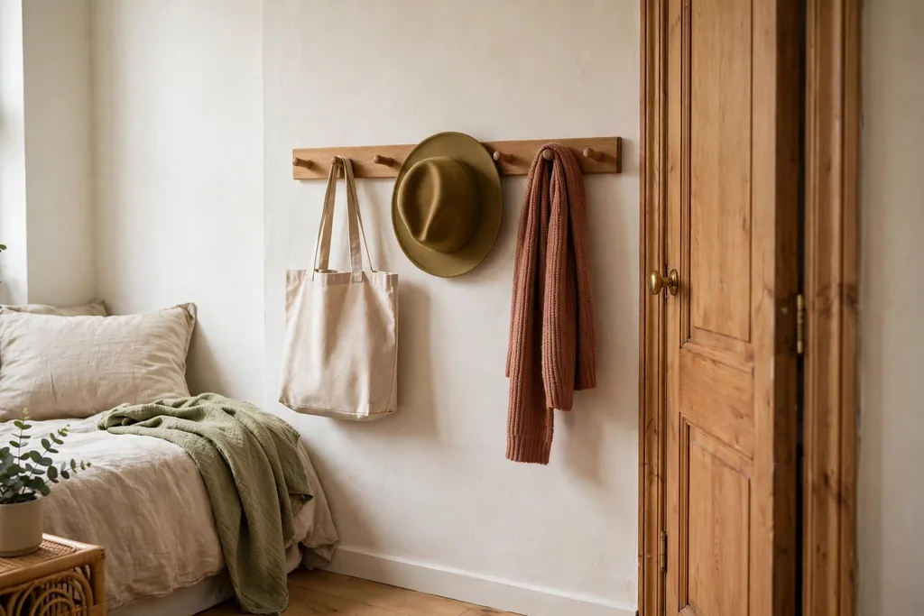 Small bedroom wall by the door with a wood peg rail holding a bag, hat, and scarf.
