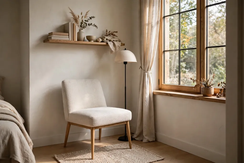 Small bedroom corner reading nook with a slim armchair, floor lamp, and wall shelf by a window.