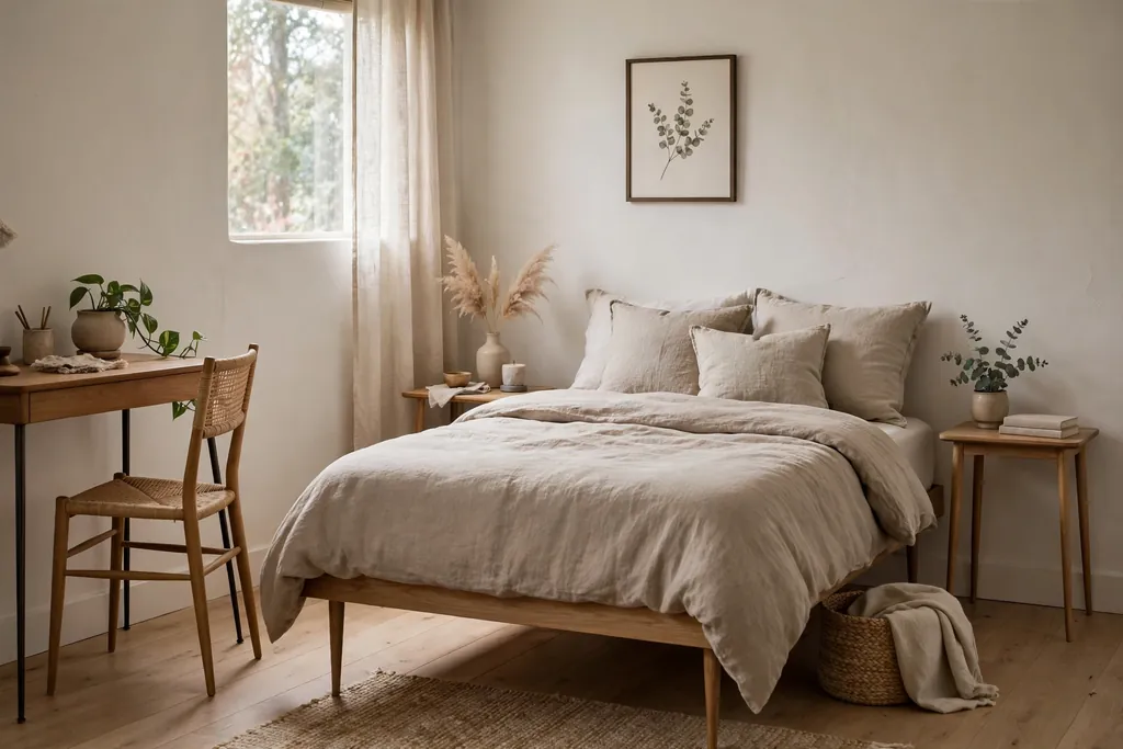 Small bedroom with leggy furniture, a bed frame on legs, and visible floor beneath.
