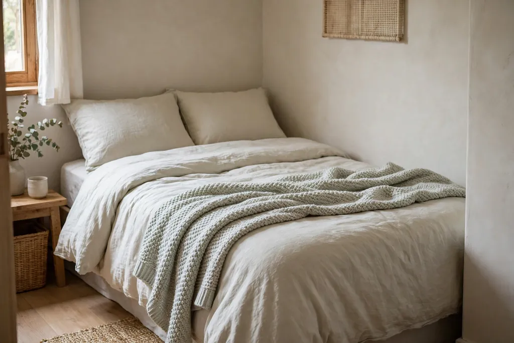 Small bedroom bed with calm pale bedding, a knit throw, and two plain cushions.