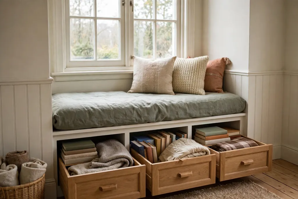 Small bedroom window seat with a cushion and drawers below holding books and throws.