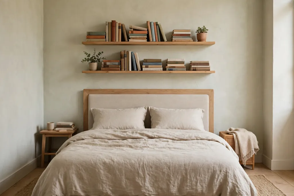 Small bedroom bed wall with shelves above the headboard holding books and a small plant.