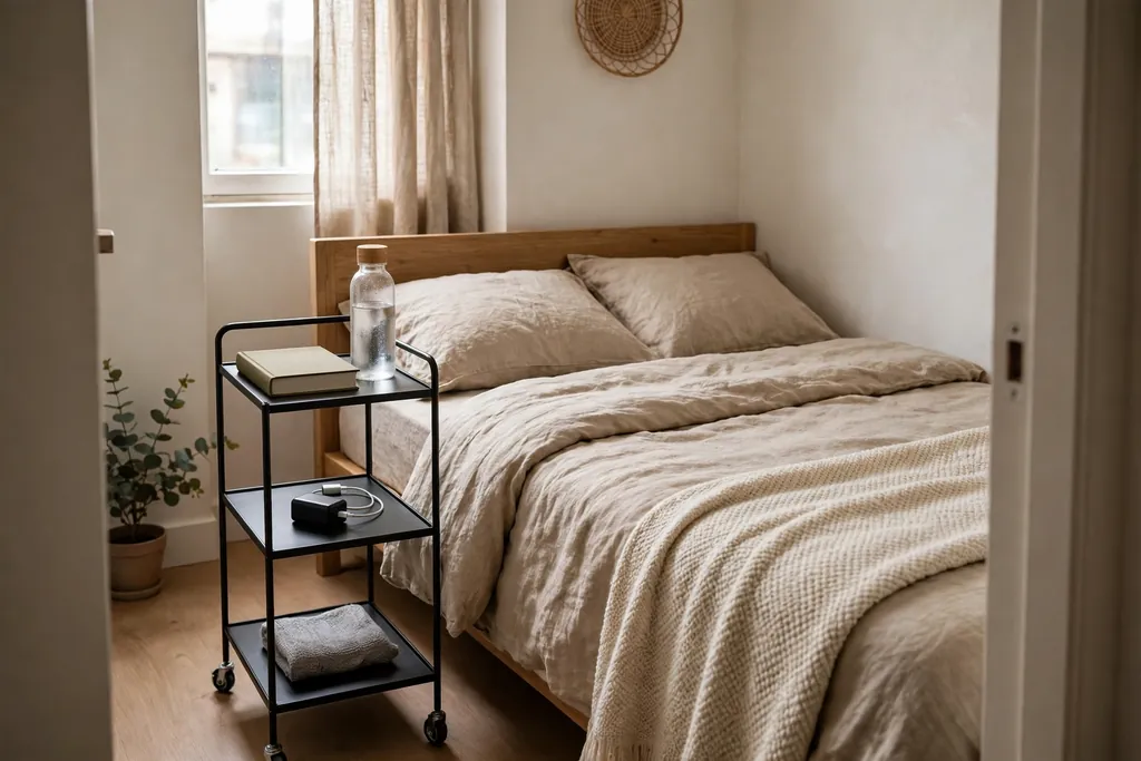 Small bedroom with a slim rolling cart beside the bed holding a book, water, and charger.