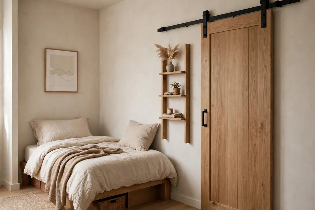 Small bedroom with a sliding door on a wall rail beside a slim shelf, freeing floor space.