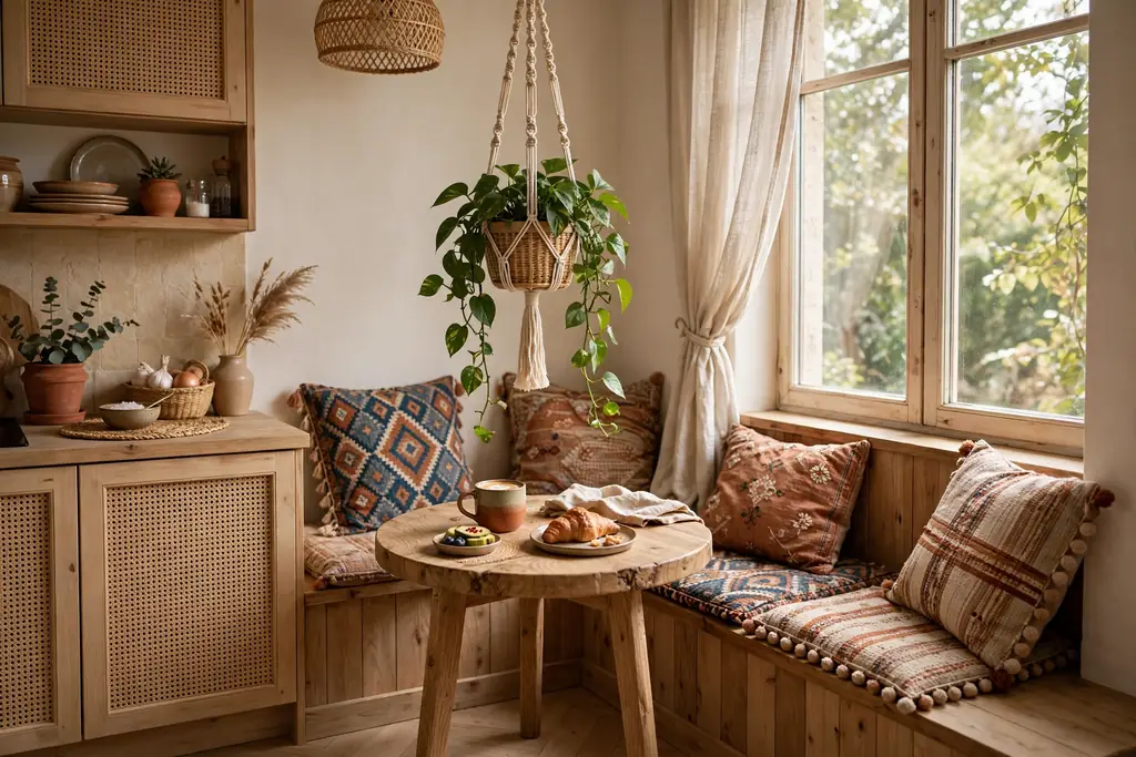 Breakfast nook by a window with a built-in bench, patterned cushions, a small round wood table, and a hanging plant.