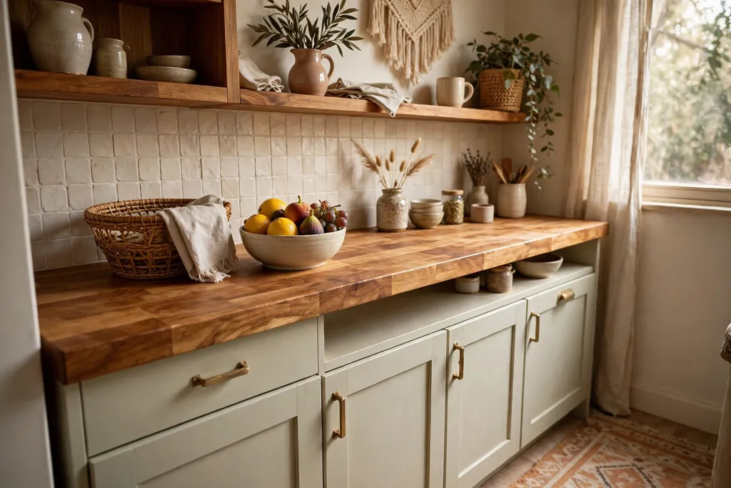 Warm butcher block wood countertop in a small boho kitchen with pale cabinets, a woven basket, and a bowl of fruit.