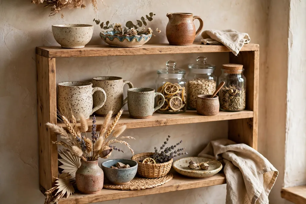 Shelf display of collected handmade ceramics, speckled mugs, glass jars, and a vase with dried grasses in a small boho kitchen.