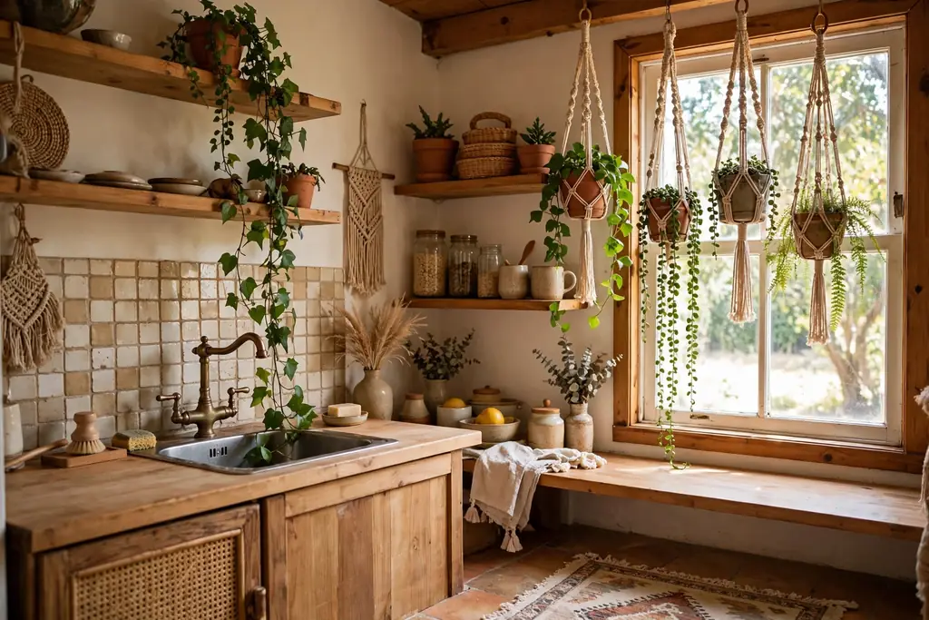 Hanging plants in macrame hangers near a bright kitchen window in a small boho kitchen.