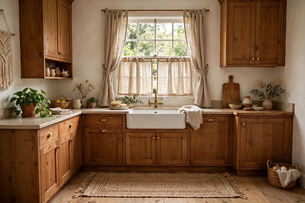 Kitchen window with natural linen cafe curtains and a jute runner rug in a small boho kitchen.