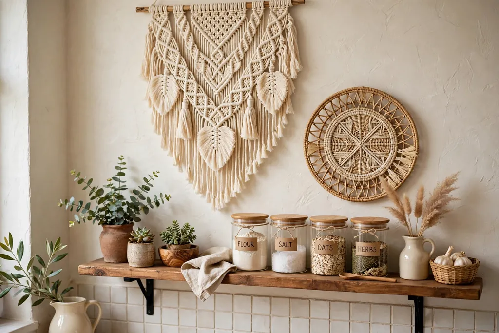 Large cream macrame wall hanging and woven wall art above a wood shelf with plants and jars in a small boho kitchen.