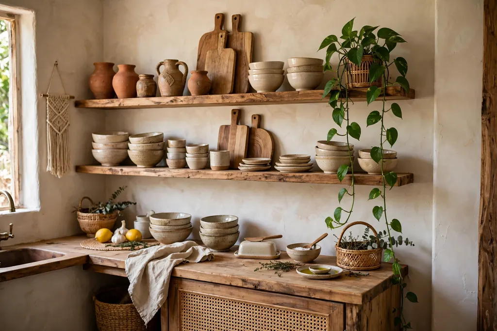 Open natural wood shelves in a small boho kitchen holding handmade ceramics, stacked bowls, wooden boards, and a trailing plant.