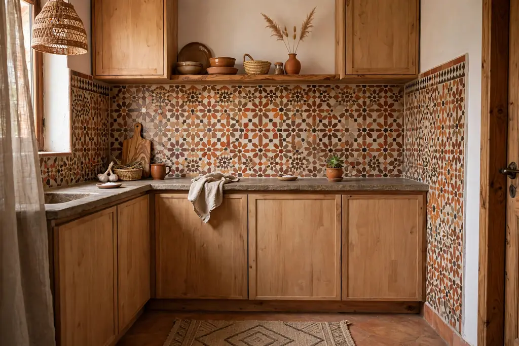 Patterned tile backsplash in warm earthy colors in a small boho kitchen with plain wood cabinets.
