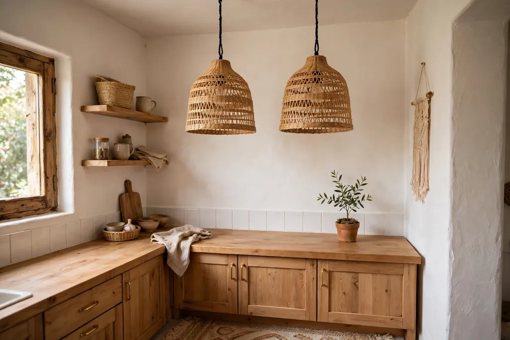 Two woven rattan pendant lights hanging over a wood counter in a small boho kitchen.