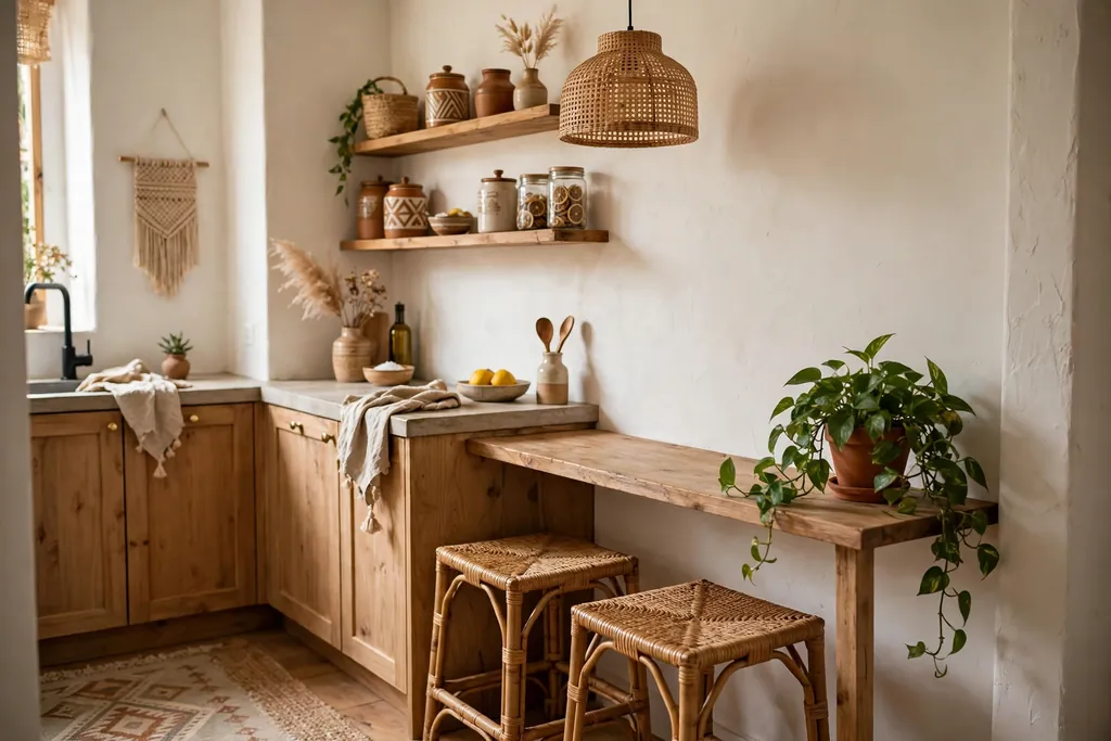 Narrow wood breakfast bar with two woven rattan stools tucked under it in a small boho kitchen.