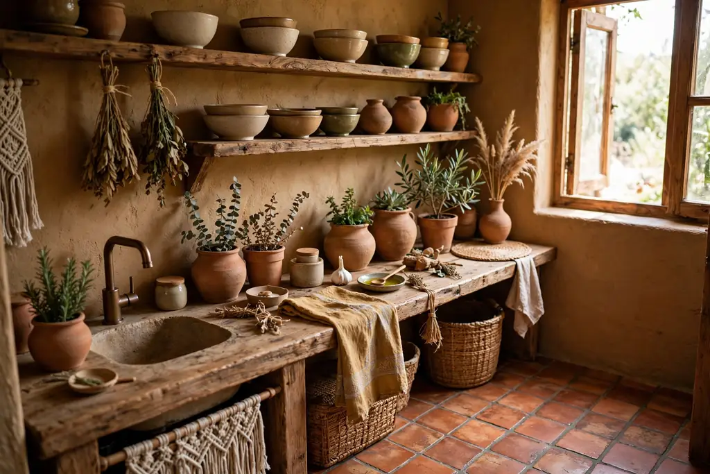 Small boho kitchen with terracotta tiles, clay pots, warm earthy walls, and wood shelves with bowls.